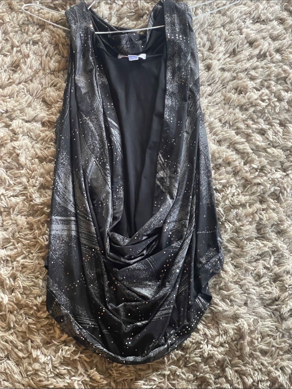 Sleeveless Black Draped Tank Top with Metallic Speckle